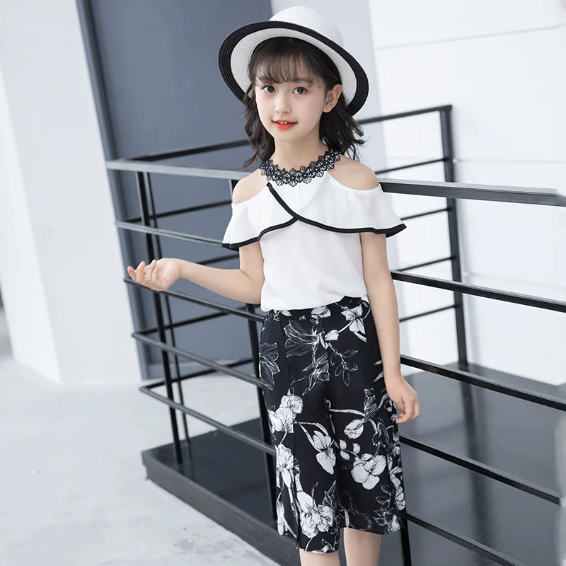

Summer Baby Girl Clothes 2018 Chiffon Off Shoulder Shirt + Pant 2pcs Little Girl Clothes For 3-12 Years Vetement Enfant Fille