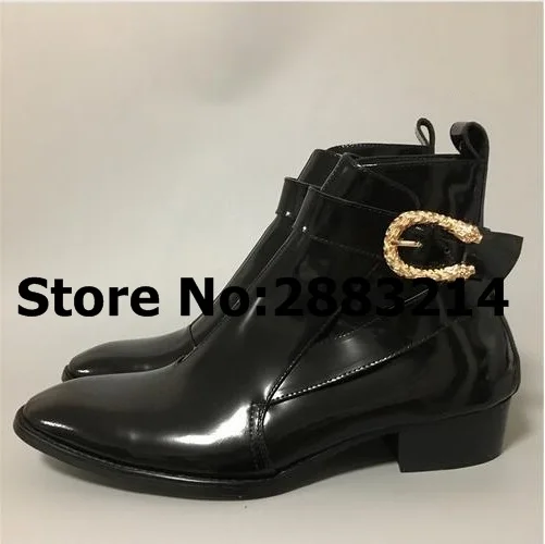 Black Patent Leather Buckle Strap Vintage Men Flats Boots Luxury Brand Style Man Ankle Boots Spring Autumn Chelsea Boots Shoes