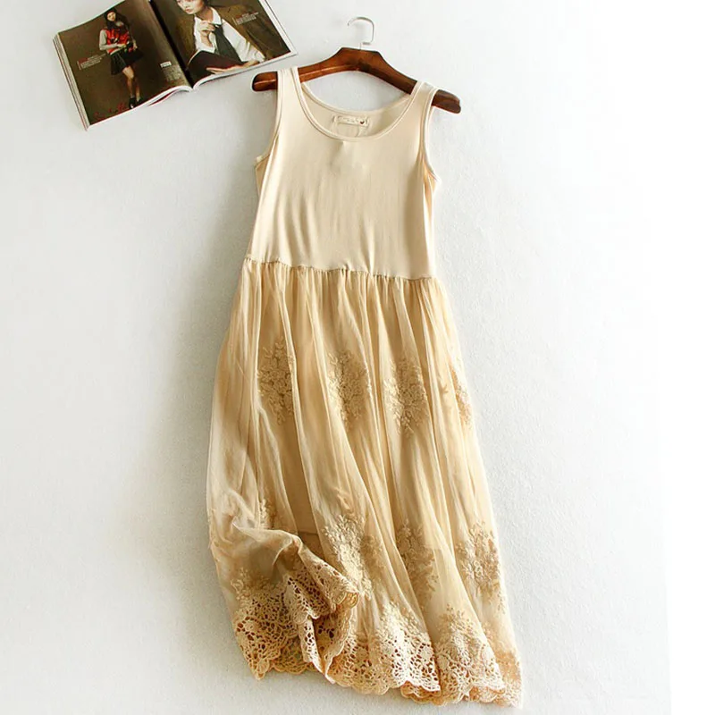 

2017 Sexy Patchwork Mesh Dress Spring Summer Women Gauze Lace Embroidery Tank Dresses Beach Sundress Party Long Vestidos SF256