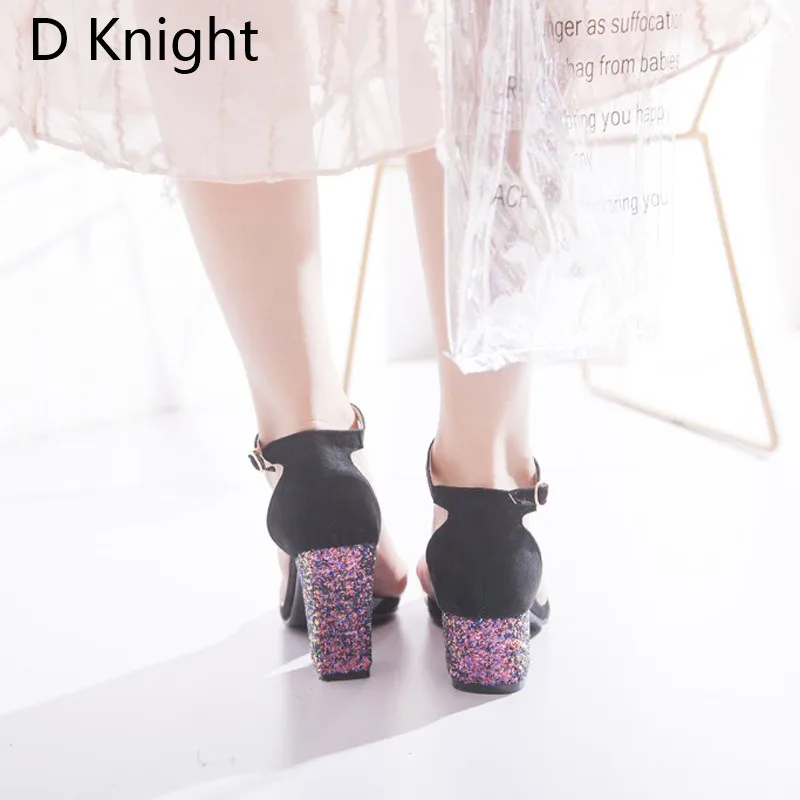 Big Size 52 Women Open Toe Strappy Ankle Strap Yellow Black Sandals Bling Transparent Clear Block Thick High Heel Sequined Shoes (34)