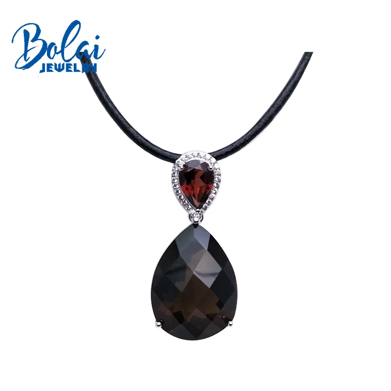 

Bolaijewelry,Natural garnet and smoky quartz water drop pendant & hide rope 925 sterling silver fine jewlery for women gift