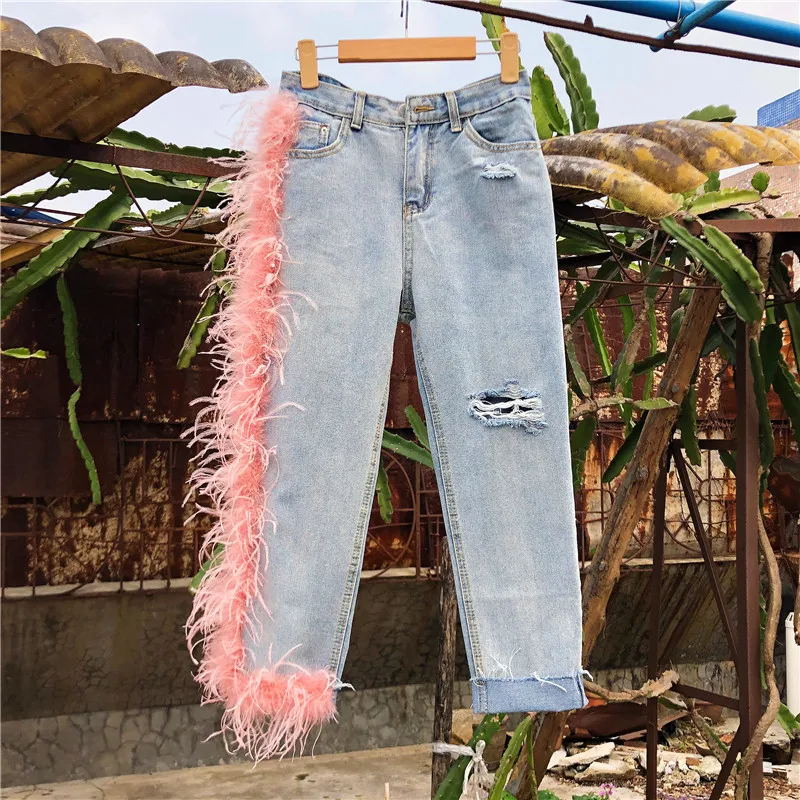 LANMREM новые модные женские джинсы с высокой талией, с кисточками, с мехом, в стиле пэчворк, с потертостями, женские брюки WH61705L high Street - Цвет: (hollow edition)