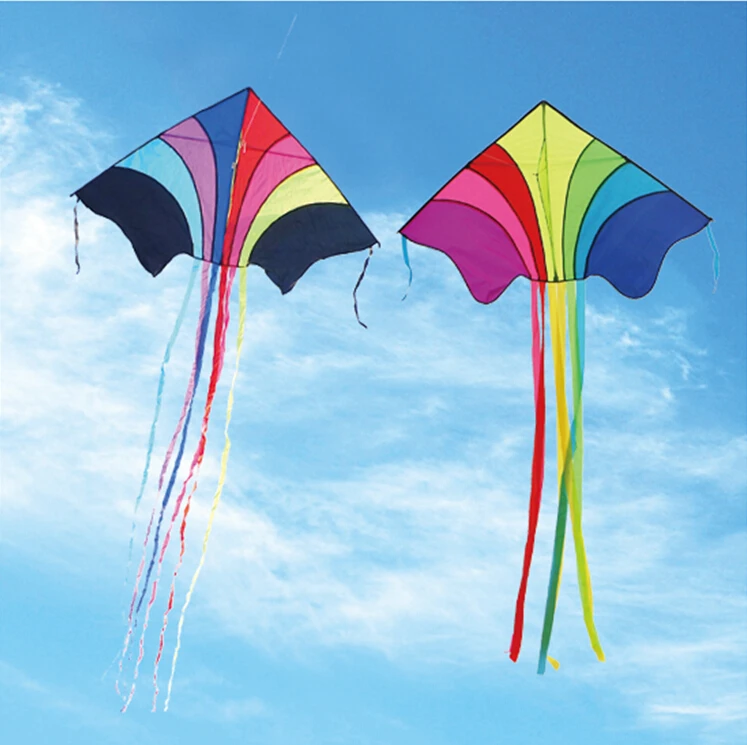 

free shipping high quality 2pcs/lot flying sky rainbow delta kites with handle line outdoor toys weifang ripstop wholesale price
