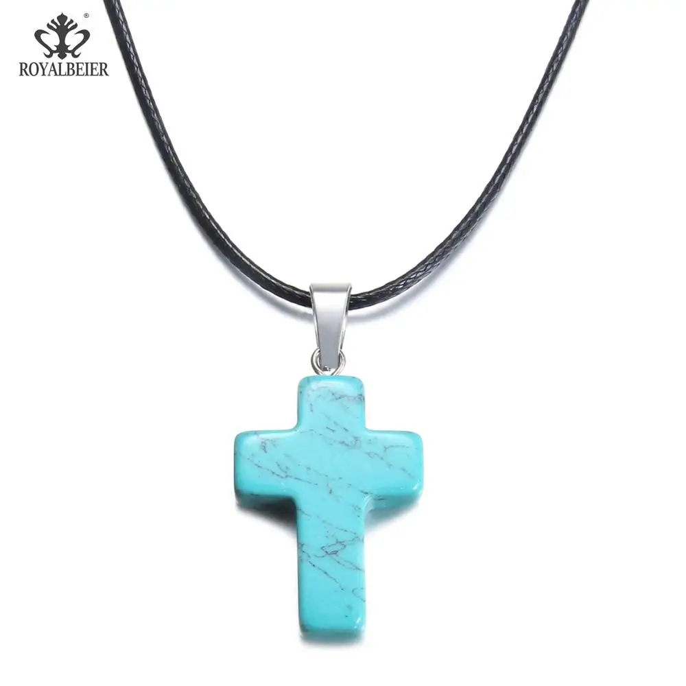 

ROYALBEIER Fashion Jewelry Natural Stone Tiger Eye Cross Quartz Leather Choker Necklace Pendant Healing Necklace Charm Jewelry