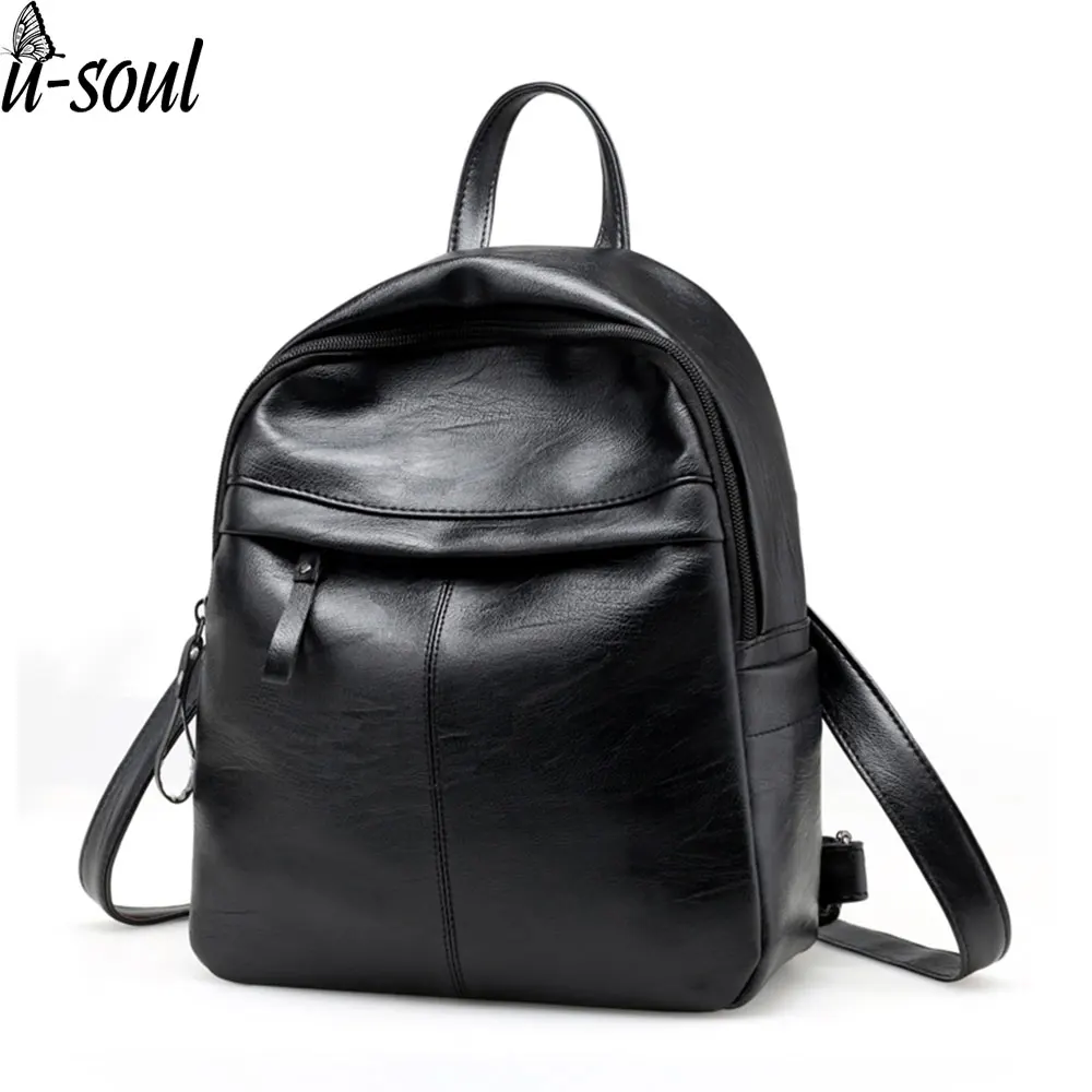 Women Rucksack Black Solid Color Fashion Pu Soft Leather Travel Back Pack Ladies Large Capacity