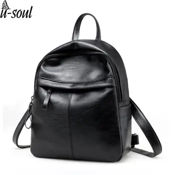 

Women Rucksack Black Solid Color Fashion Pu Soft Leather Travel Back Pack Ladies Large Capacity Backpacks A7164