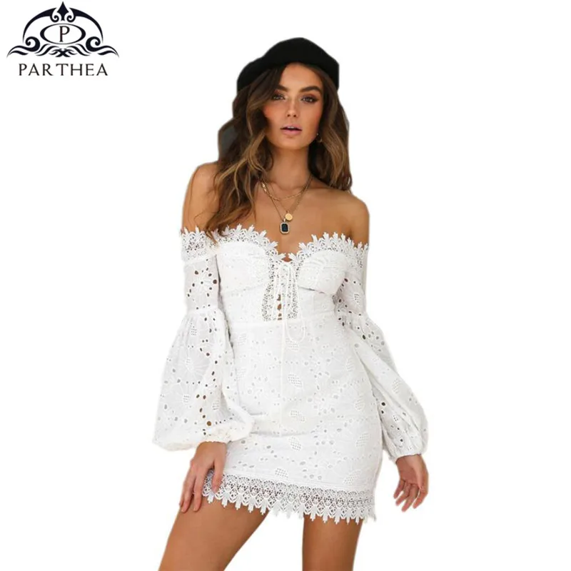 

Parthea White Cotton Embroidery Lace Dress Sexy Off Shoulder Lace Up Hollow Out Long Sleeve Mini Dress Women 2018 Autumn vestido