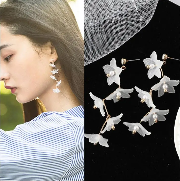 

ex669 Wedding party gift white Soft translucent crystal rose peach heart flower earrings pearl earrings female jewelry