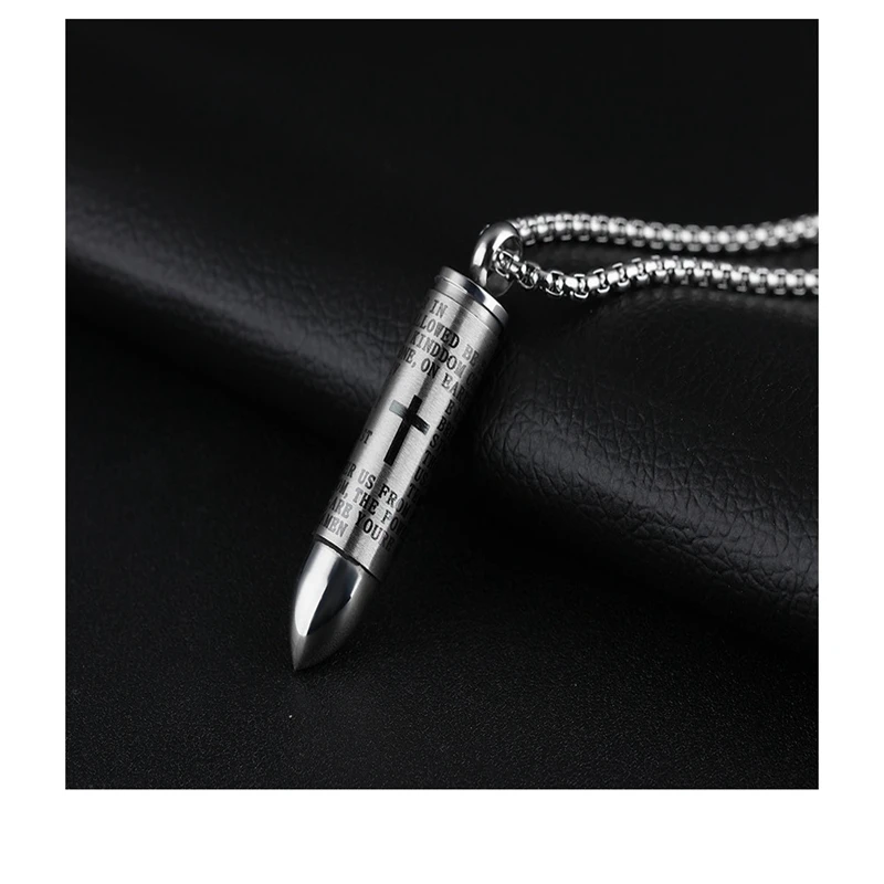Fate Love Punk Bullet Pendant Necklaces For Men Stainless steel can unscrew creative cross loaded paper necklace English Spanish (3)