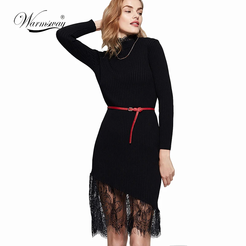 Women Fall Winter Sweater Knitted Dresses new Slim Elastic Turtleneck Long Sexy Lady Bodycon Robe Lace Dresses Vestidos WS-075