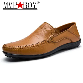 

MVP BOY Man Casual Driving Shoes Split Leather Men Shoes 2018 Spring Men Loafers Luxury Flats Shoes Plus size 37-47 Black Blue