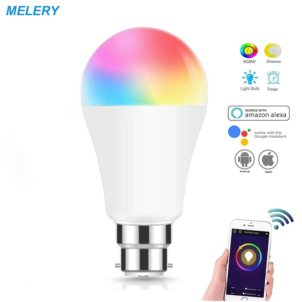 

WiFi B22 Smart LED Light Bulbs 12W Equal to 90W A60 Lamp RGB+Cool White Colour Changing Mood Light Works with Alexa Google Home