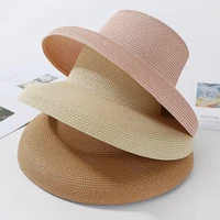 HT2303 2023 New Summer Sun Hats Ladies Solid Plain Elegant Wide Brim Hat Female Round Top Panama Floppy Straw Beach Hat Women 3