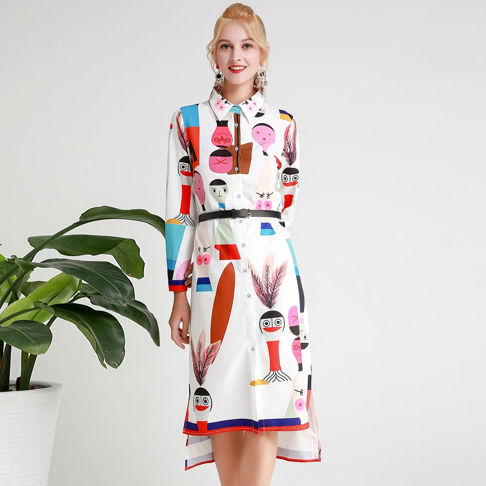 

Red RoosaRosee Runway Designer Women Cartoon Print Wrist Sleeve Elegant Irregular Dress Elegant Party Vestidos Robe Femme + Belt