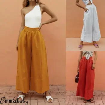 

Ladies Linen Casual Trousers Holiday Elasticated Waist Loose Drawstring Summer Pants