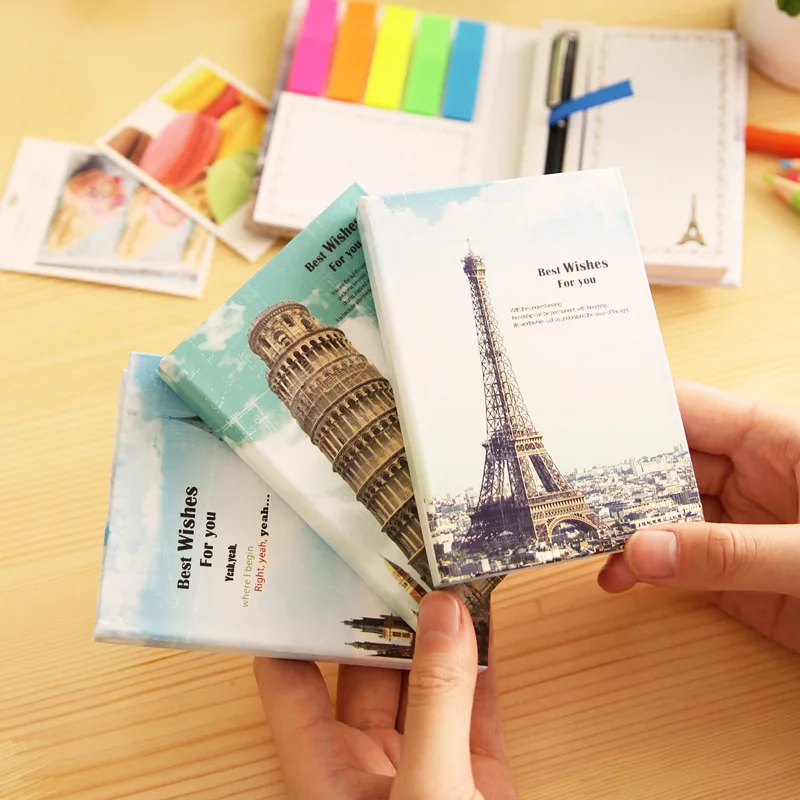 

Creative Monuments Hard Shell Notebook Korean Stationery Combination Memo Pad Sticky Ballpoint Inside