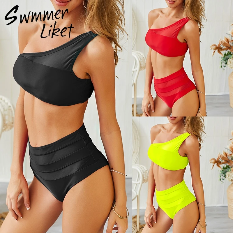 

High waist large size swimwear female bathing suit One shoulder sexy swimsuit Push up neon bikini Bandeau bathers swim suit XL