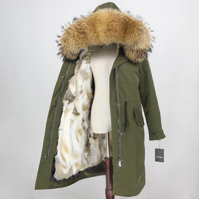 OFTBUY водонепроницаемая верхняя одежда X-long Parka зимняя куртка женская шуба из натурального меха енота капюшон Подкладка из натурального кроличьего меха