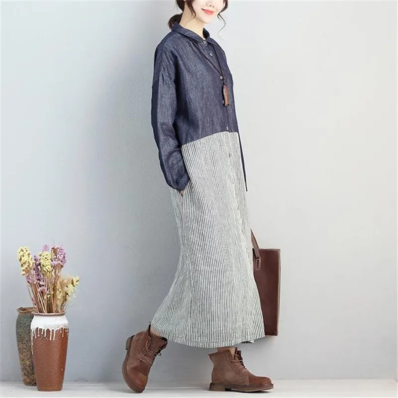 BUYKUD Casual Loose Striped Women Dresses Polo Collar Single Breasted Long Sleeve Pockets Blouse Dress Elegant Office Lady Dress Dresses