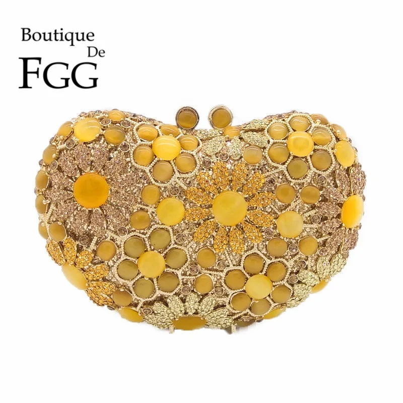 Boutique de Fgg Forma do Coração para Mulheres Bolsas de Embreagem de Cristal Nupcial do Casamento Amarelo Diamante Opal Bolsa Garras Noite Flor