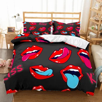 

Kiss Bedding Set Girls Kisses Bedspread Red Black Duvet Cover Set 100%Microfiber 3PCS Dorm/Home Bedding Set with 2 Pillowcase