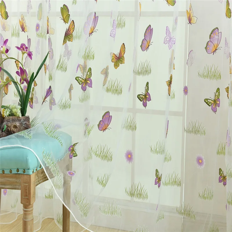 Cortinas de tul de mariposa coloridas estilo americano jacquard Cortinas para niñas encantadoras dormitorio de bebé cortina de ventana de gasa decorativa