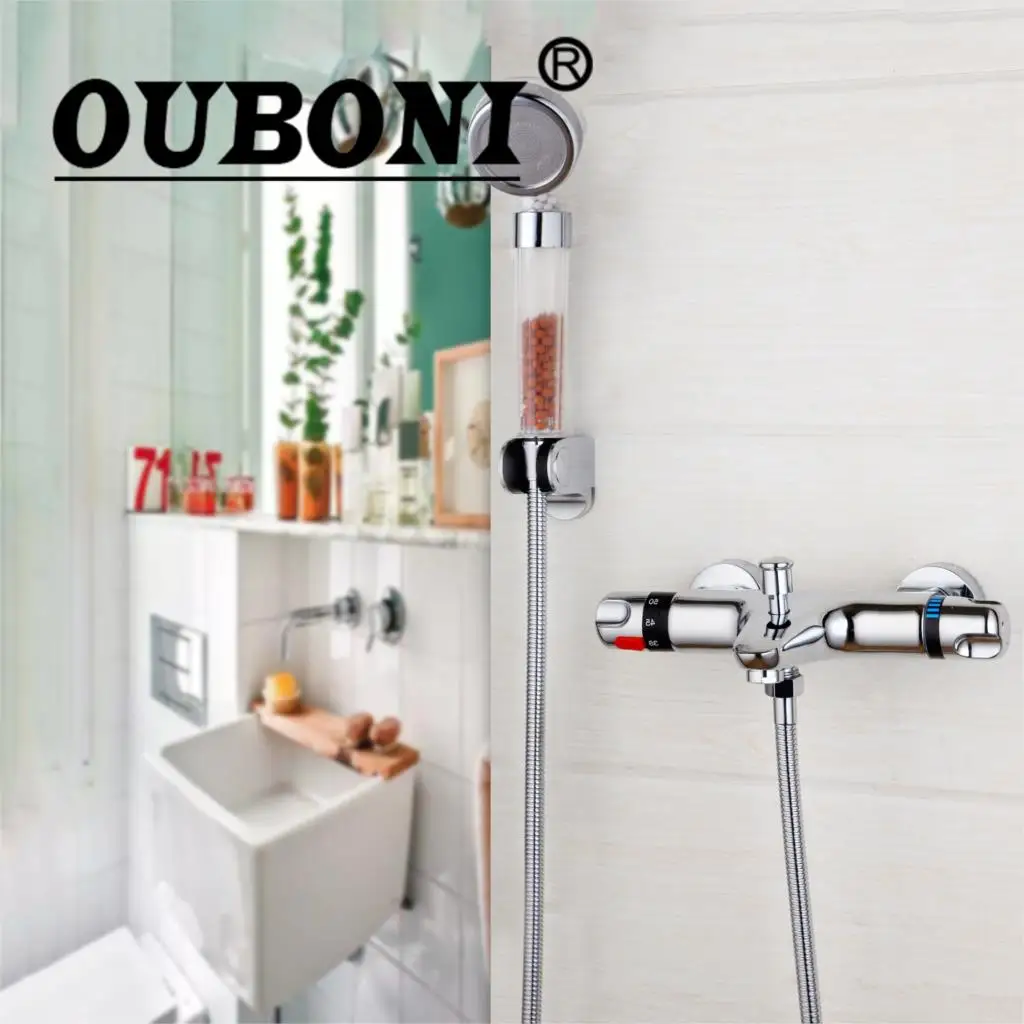 

OUBONI Wall Mounted Thermostatic Mixer Taps Chrome Brass torneira Bathtub Sink Basin Faucet Set Exposed Shower Faucet