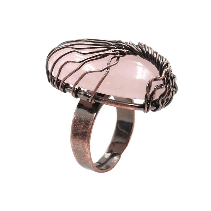 

YJXP Copper Plated Wire Wrap Oval Shape Natural Rose Pink Quartz Adjustable Finger Ring For Anniversary Jewelry