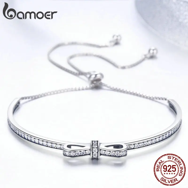 Kopen Bamoer Hoge Kwaliteit 925 Sterling Zilveren Strik Clear Cubic Zirkoon Armbanden Armbanden Voor Vrouwen Sterling Zilveren Sieraden SCB108