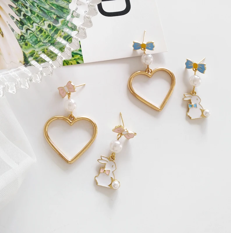 

Pearl Rabbit New Metal Earrings jewelry For Women Enamel Bow heart asymmetric earring