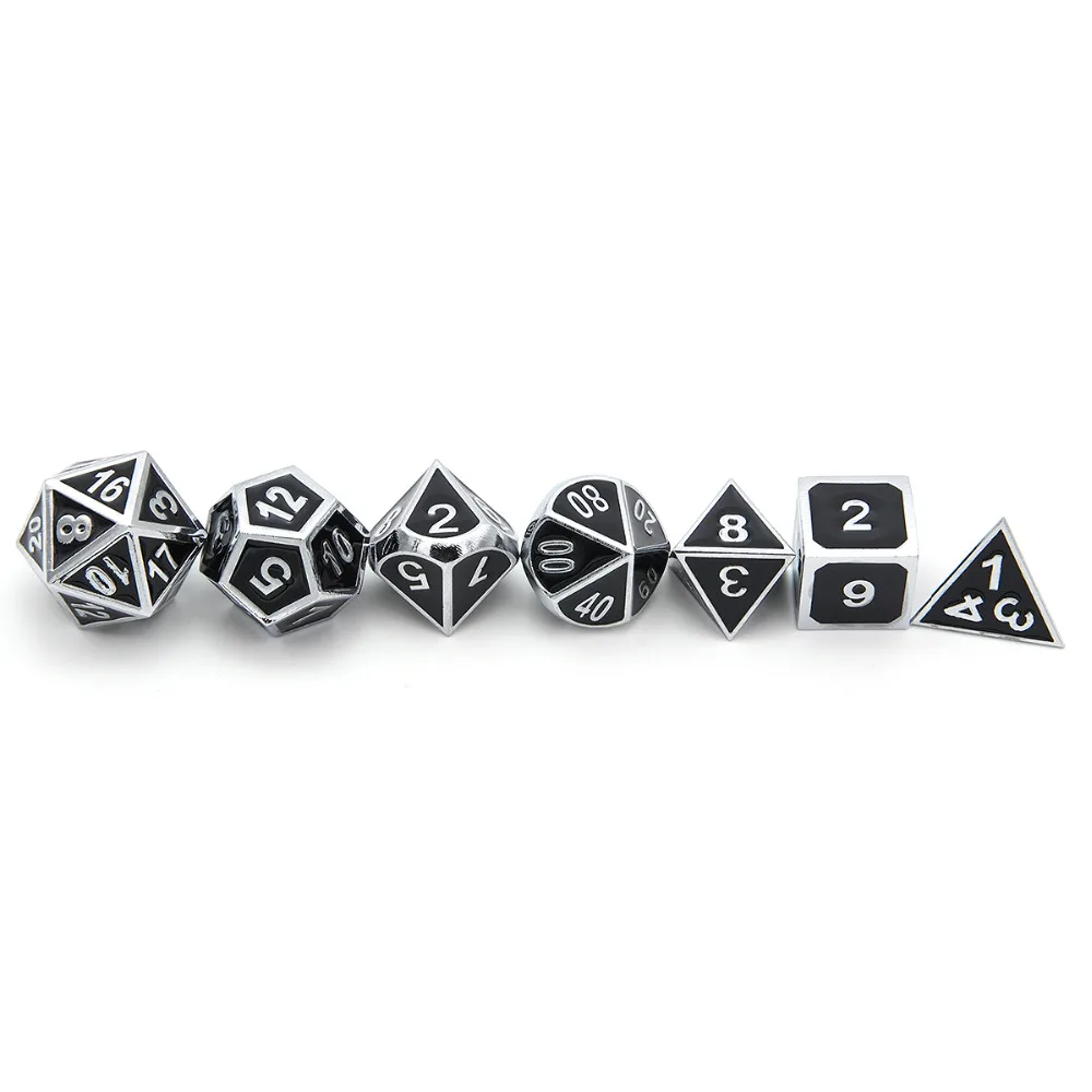 Goedkoop Set van Massief Metal Dice Shiny Sliver met Zwart Emaille DnD Dobbelstenen Set Polyhedrale Dobbelstenen Set  RPG Dobbelstenen Set voor RPG Games