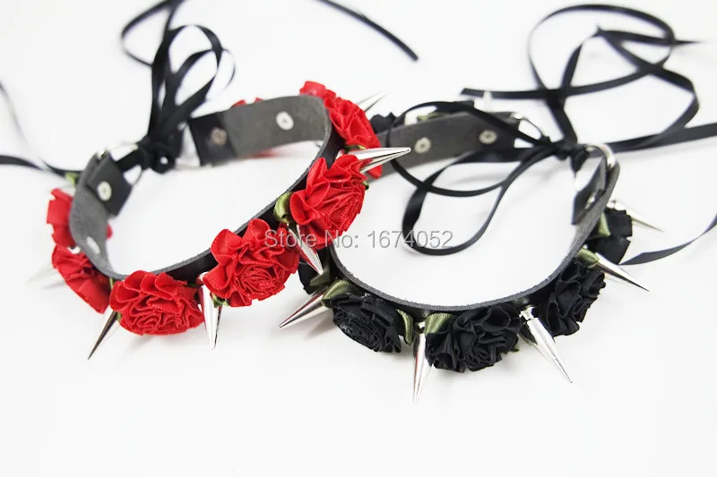 Лолита Harajuku панк колье ручной работы кожа цветок Длинные шипы кружево ленты Воротник цепочки и ожерелья