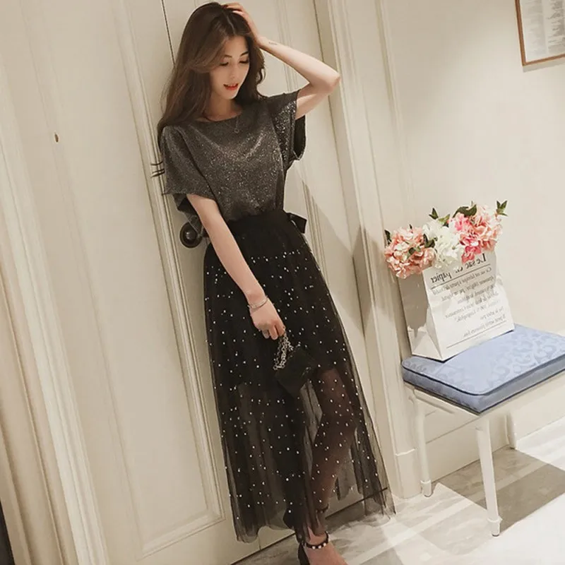 

Women Summer Sweet Tops Short Sleeve Sexy Tee Tops Thin Starry Long t-Shirt + Half-Length Mesh Skirt Suit 2 Pieces