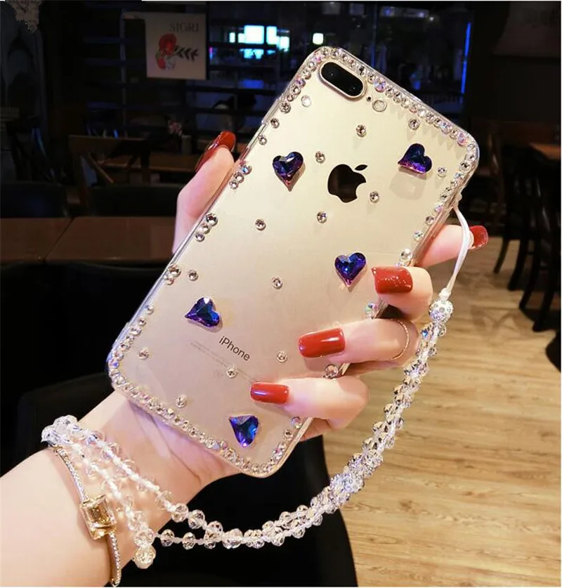 

LaMaDiaa For Samsung Galaxy A9 A6 A8 A7 2018 A5 J4 J6 Plus J7 J8 Luxury blue heart rhinestone crystal lanyard phone case cover