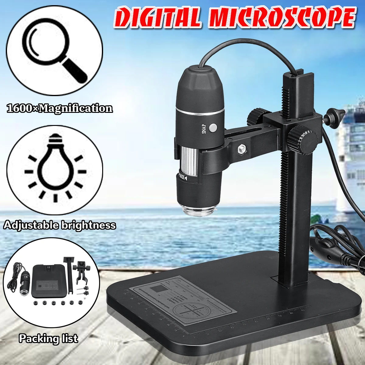 

USB Digital Microscope 1600X 8LED Handheld Electron Microscope with Measuring Ruler Bracket