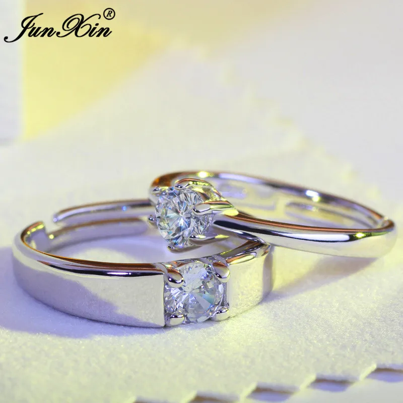 JUNXIN One Pair Crystal White Wedding Ring Set Fashion Jewelry Luxury Men Women 925 Silver Ring Promise Rings For Couple
