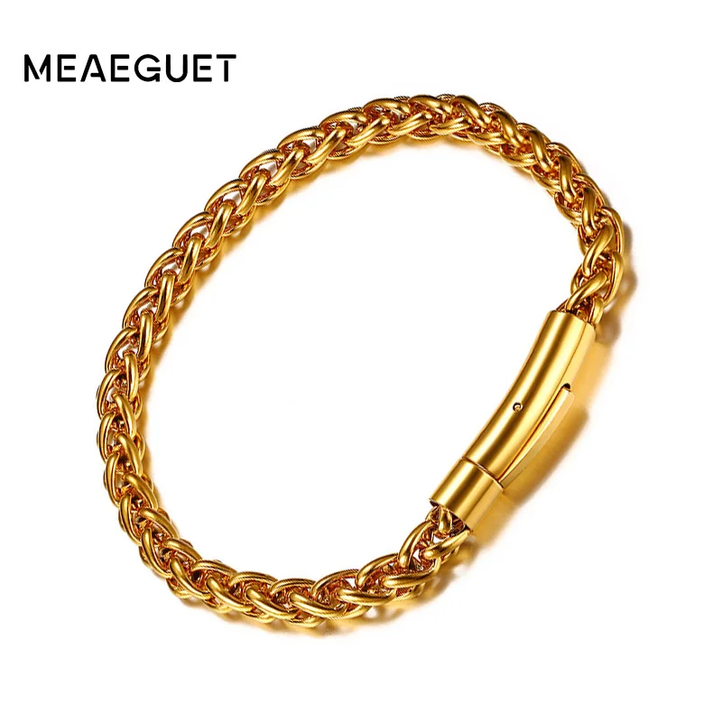 

Meaeguet 6mm Wide Gold-color Twisted Chain Bracelet For Men With Stainless Steel Magnetic Buckle Fashion Rope Chain Bangles