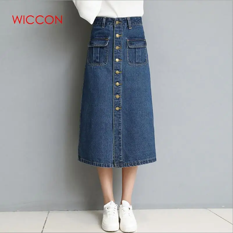 WICCON, осень, весна, элегантная женская джинсовая юбка с высокой талией,, на пуговицах, с карманом, винтажная, трапециевидная, повседневная, синяя, Джинсовая, до середины икры юбка - Цвет: Dark blue