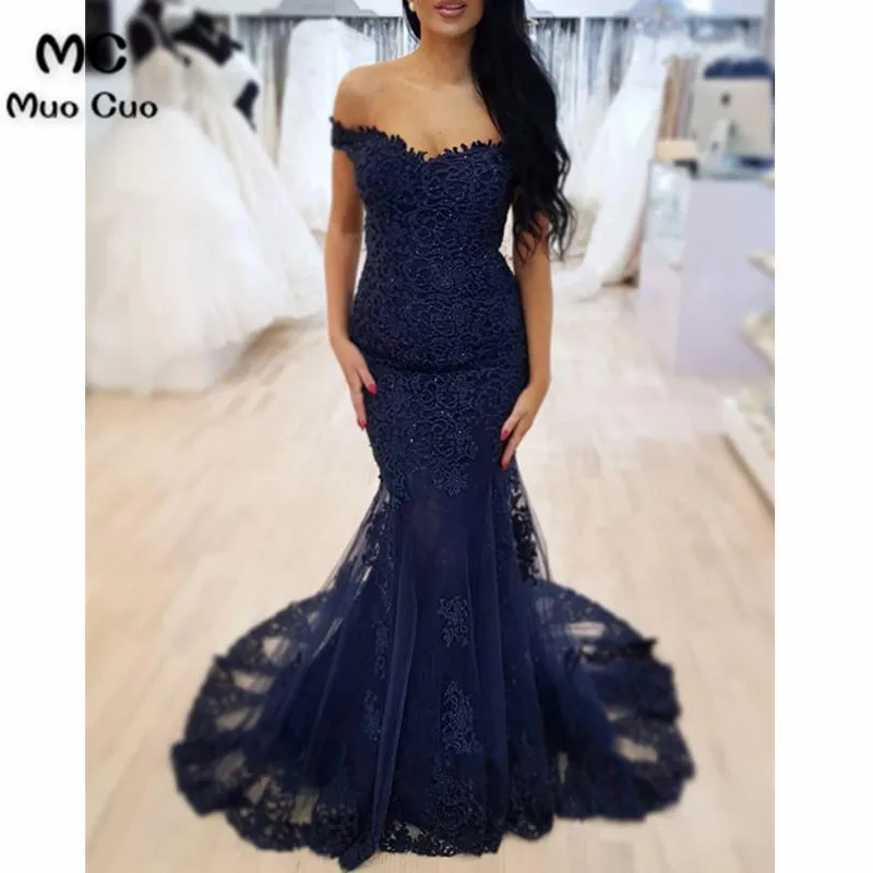 Navy Blue Lace V-neck Off The Shoulder Mermaid Prom Dresses