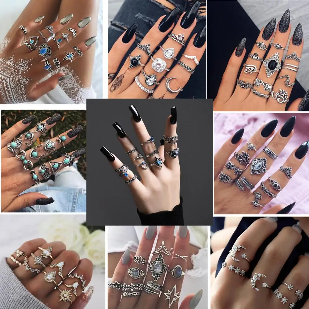 32 Styles Bohemian Retro Crystal Flower Elephant Hollow Lotus Gem Ring Set Women Wedding Anniversary Gift|Rings| - AliExpress
