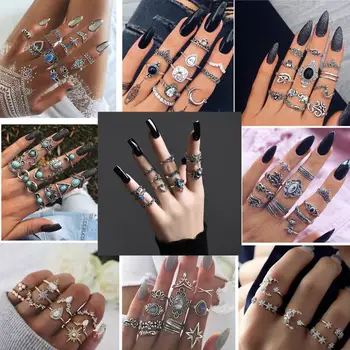 

32 styles Bohemian Retro Crystal Flower Elephant Hollow Lotus Gem Ring Set Women Wedding Anniversary Gift