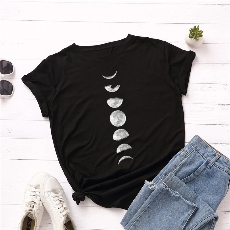 

2019 Summer New Moon Planet Print T Shirt Women Shirts 100% Cotton O Neck Short Sleeve T-Shirt Tops Casual magliette donna