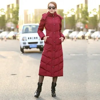 

Winter New Extra Long Down Women Jacket Over The Knee Slim Thickening Coat Solid Color Warm Hooded Plus Size Femme Parkas MZ1826