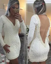 2016 Sexy Short Lace V-ausschnitt Mit Langen Ärmeln Backless Mit Perlen Mini Hochzeit Gowns Homecoming Kleid
