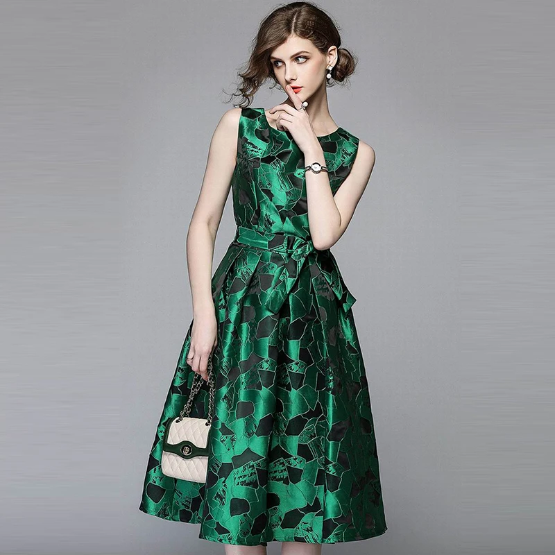 

2018 New Women Summer A-line Dress Vintage Green Printed Sexy Sleeveless Party Vestido De Festa Female Clothing Jacquard Dresses