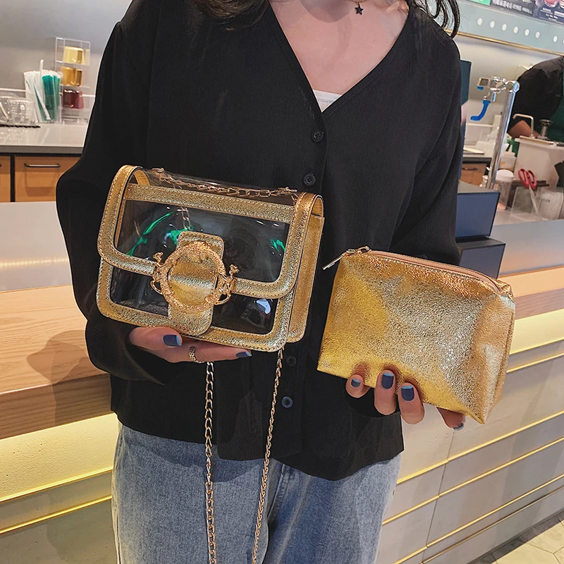 

Cathylin Girls Clear Handbags Set PVC Double Layer Shining Chain Metal Ring Messenger Crossbody Shoulder Bags for Women KSL3207W