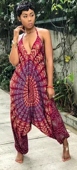 

Ethnographic Print Deep V Neck Women Sexy Sleeveless Jumpsuits Backless Women Rompers Jumpsuits