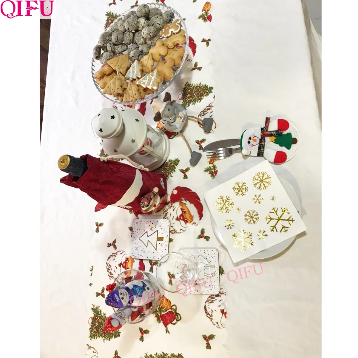 QIFU, Рождественская настольная дорожка, вышитая настольная дорожка, украшение для обеденного стола, дорожка для обеденного стола, белая, красная, современная, полиэстер, сатин, Рождество