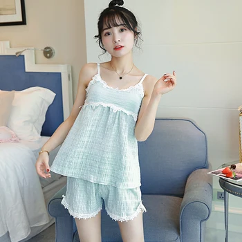 

Soft Crepe Cotton Pyjamas Women Sleeveless & Shorts 2 Pcs Sleepwear 2019 Summer Home Wear With Chest Pad Pajamas Sets For Women