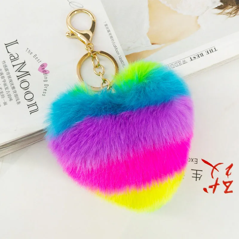 

Heart Pompoms Keychain Rainbow Plush Balls Key Chains Decorative Pendant for Women Bag Accessories Keychains Car Fashion Keyring